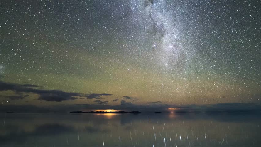 Stunning Milky Way galaxy arching over calm ocean waters at night, creating magical starry sky reflection in this breathtaking time-lapse astrophotography scene. - Powered by Shutterstock - Get 15% off with code: PIKWIZARD15