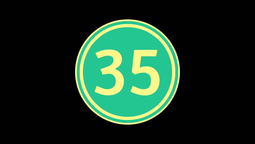 35 second countdown timer number displayed inside a circular badge with yellow number on a green background, isolated on black screen. Perfect for presentation openers, or motion graphics projects