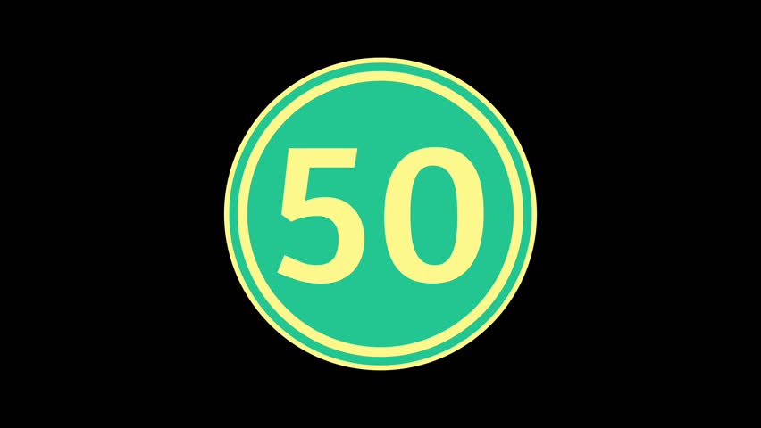 50 second countdown timer number displayed inside a circular badge with yellow number on a green background, isolated on black screen. Perfect for presentation openers, or motion graphics projects