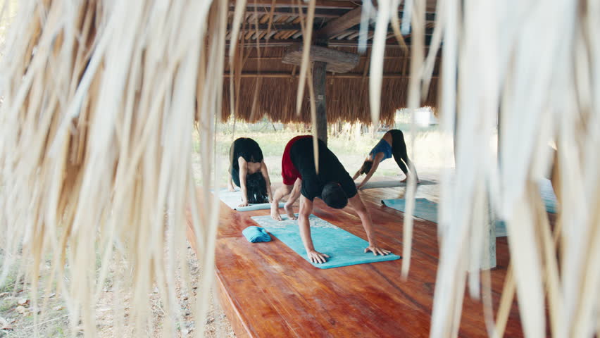 Morning yoga in tropics. Mixed group of people do morning yoga in the tropical outdoor bungalow with straw roof