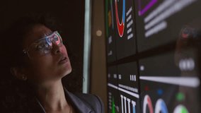 Professional analyzing a large digital dashboard with colorful charts and metrics in a dark workspace, glasses reflecting data as she studies insights for research and decision making. - Powered by Shutterstock - Get 15% off with code: PIKWIZARD15