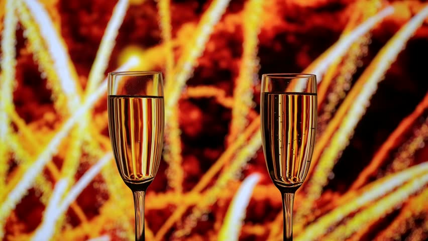 Two glasses of champagne with golden bubbles against a backdrop of warm bokeh fireworks. A festive mood for New Year