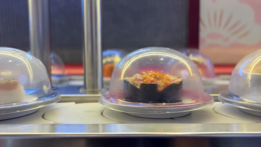 Close up video of sushi plate under a clear dome on a kaiten conveyor in a Japanese restaurant. Soft bokeh, warm light, clean copy space—loopable b-roll for menus, food promos, and social reels