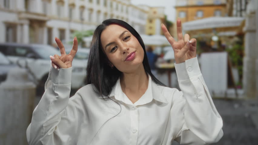 Woman smiling on city street making quote gesture in white shirt during daylight enhancing the lively urban atmosphere amid parked cars and bright buildings.