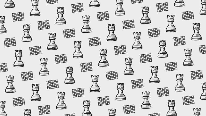 Chess rock with chessboard doodle seamless loop animation background for sport creative visual. Chess tower pattern background loop animation. Chess piece motif motion graphic background. 4K Video