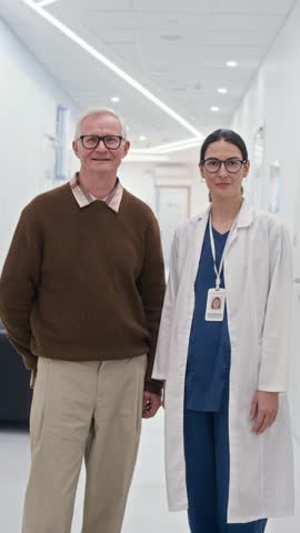 Vertical portrait of young female general practitioner in white coat standing next to male elderly patient looking at camera in corridor of modern clinic