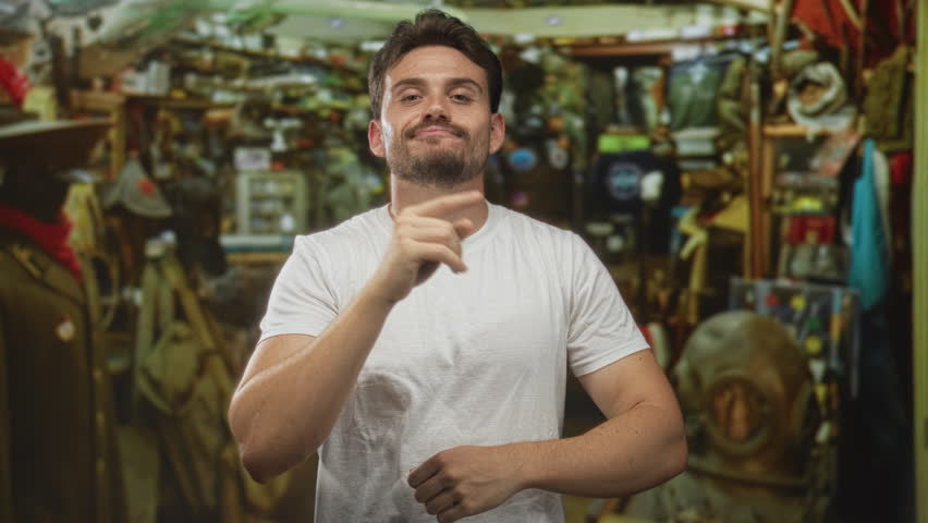Man with arms crossed revealing forearms and a slight smile among antique items in a shop building filled with vintage gear; confidence.