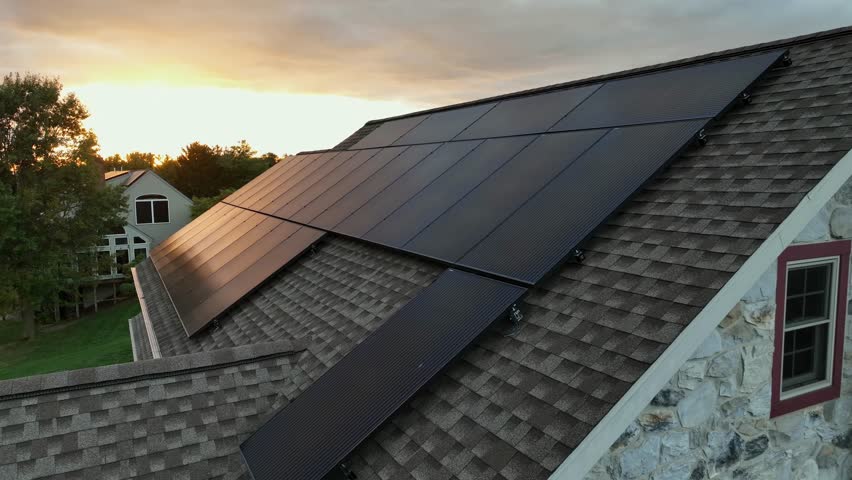 Drone close up showing solar panel on rooftop of american houses during cloudy sunset. Aerial flyover shot. Green grass in backyard. Production of green eco friendly energy at home.