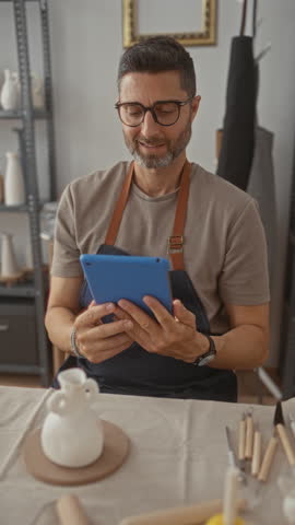 Man taps blue tablet at pottery table in studio wearing apron and glasses while seated among tools and ceramics; calm contentment.