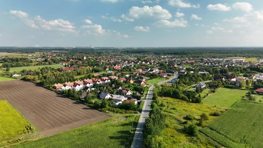 Charming Village in Mountain Region with Country Road, Green Fields, and Blue Sky