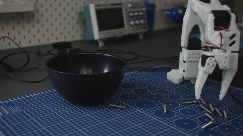 Robotic arms carefully approach a black bowl on a blue cutting mat.