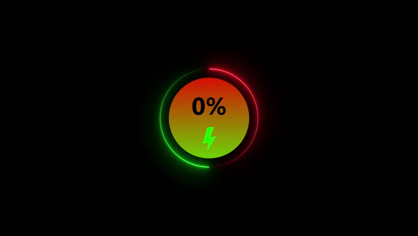 Neon Glowing loading animation counting from 0 to 13% percent. Charging screen 13% percent, screen call phone display charging battery on black background.