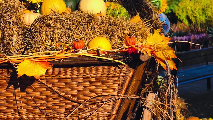 Rustic Autumn Harvest Display with Pumpkins, Hay Bales, and Wagon Wheel in Vibrant Fall Setting. 4K Video for Seasonal Marketing and Decor.