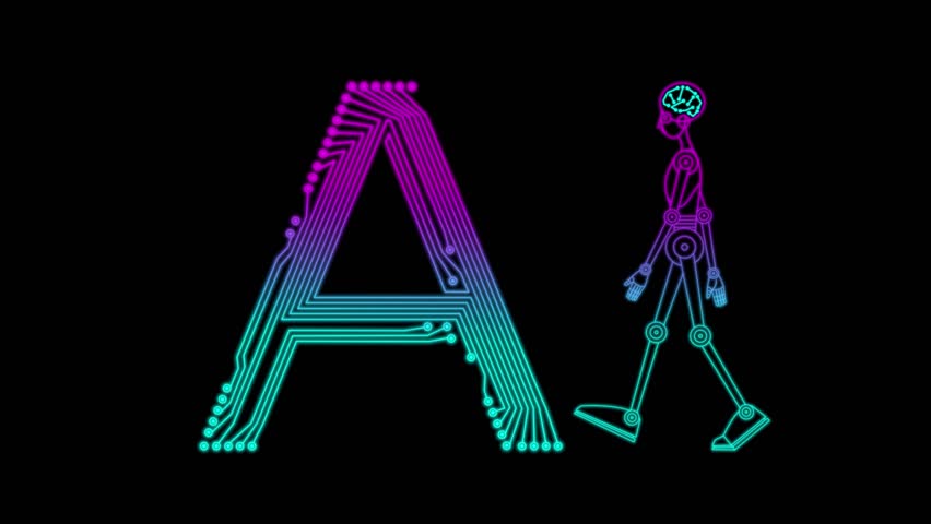 Humanoid robotic walking to the right of letter A. Artificial intelligence concept, animated, side view, loop.