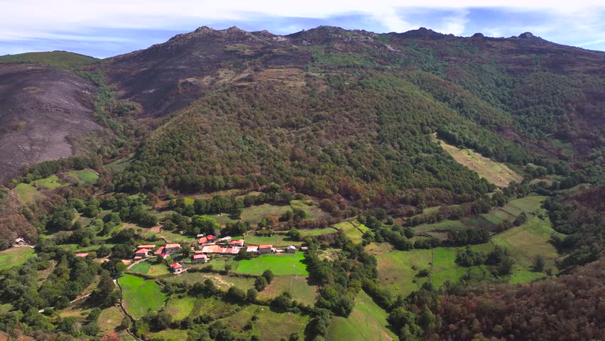 Remote Village At Serra de San Mamede Mountain Ridge In Maceda, Ourense, Galicia. Aerial Drone Shot 