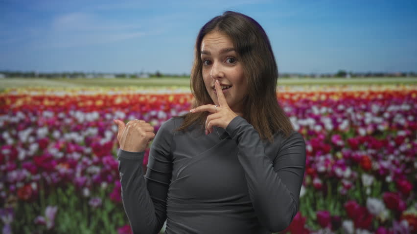 Young hispanic woman wearing grey shirt points thumb to side in studio beside colorful tulip field and rows of flowers; playful curiosity.