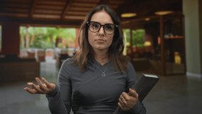 Woman wearing glasses holds book to chest and wears heart necklace in hotel building lobby with a neutral gaze; contemplation. - Powered by Shutterstock - Get 15% off with code: PIKWIZARD15