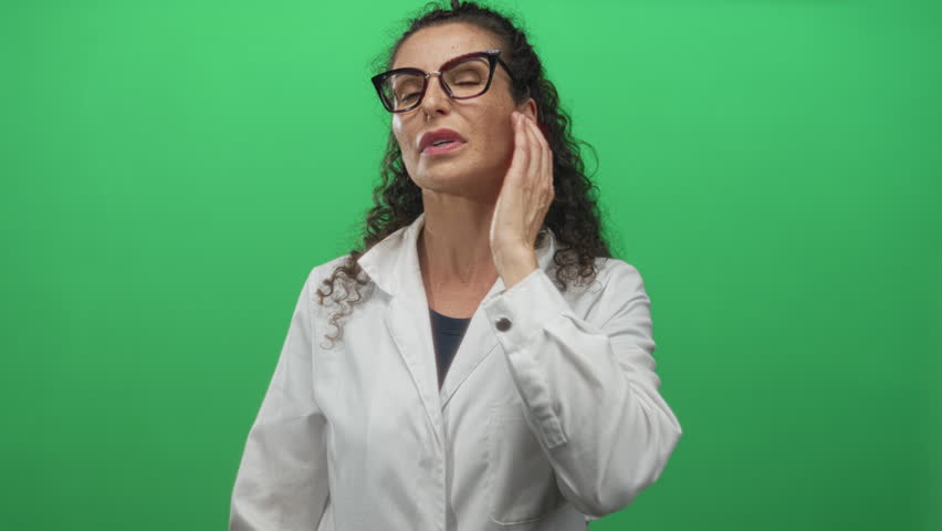 Woman holds her cheek with one hand showing a painful expression in a green studio environment; discomfort.