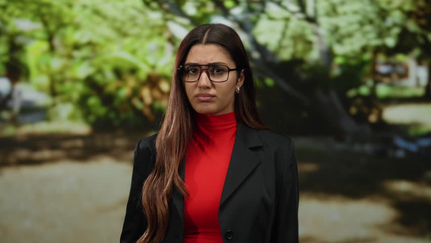 Woman outdoors wearing glasses and red top in a park setting during daytime