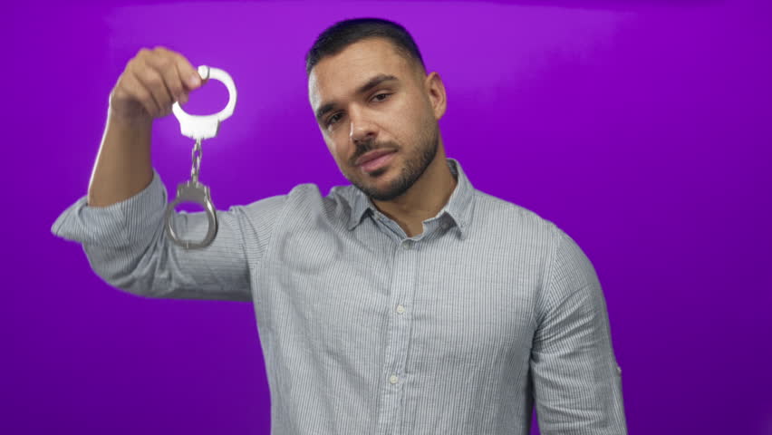 Man holds shiny silver handcuffs with one hand and gestures with open palm in a purple studio; confidence.