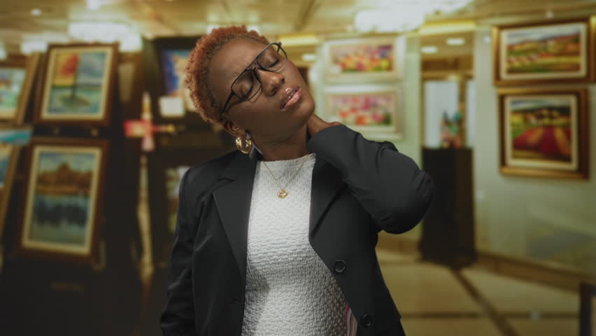 Woman in black blazer holds neck in art gallery lined with framed paintings on white walls; discomfort.