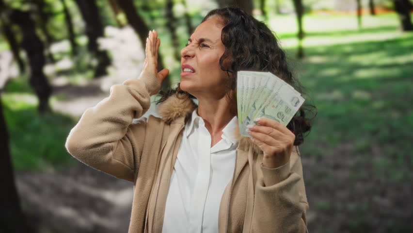 Middle-aged woman holding singapore dollars in a park, covering her ear with an expression of discomfort, surrounded by greenery and trees.