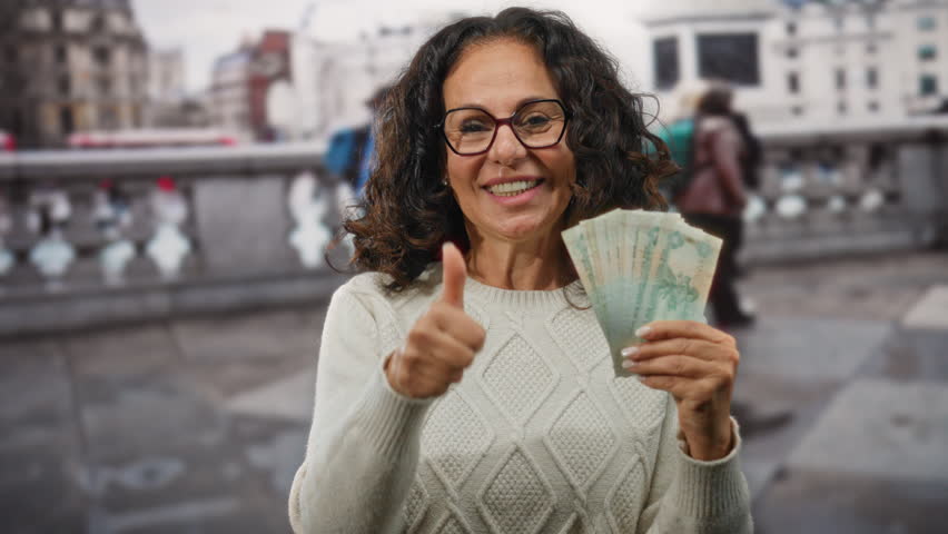 Middle-aged woman in uae holds dirham banknotes and gives thumbs-up on a bustling city street.