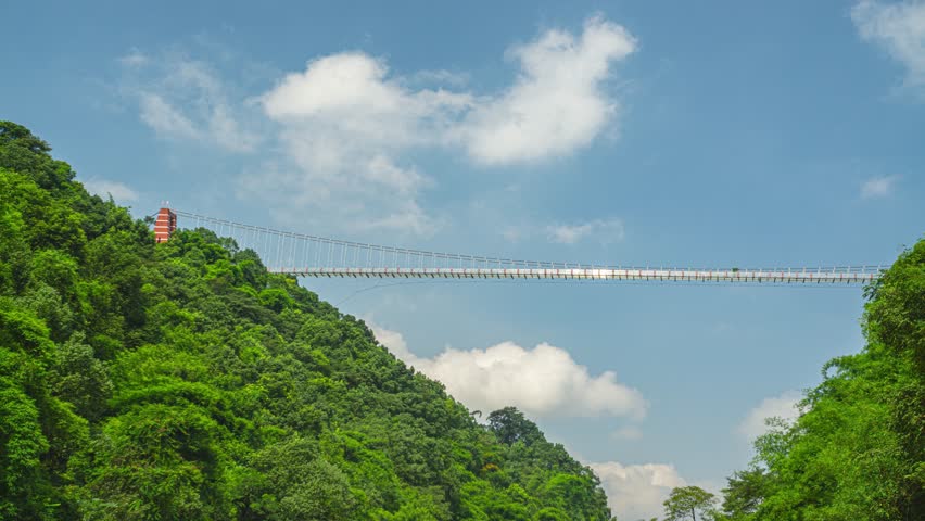 Aerial view of glass suspension bridge spanning across lush green forest valley in Qidonggou scenic area with dramatic sky and clouds above mountainous landscape.