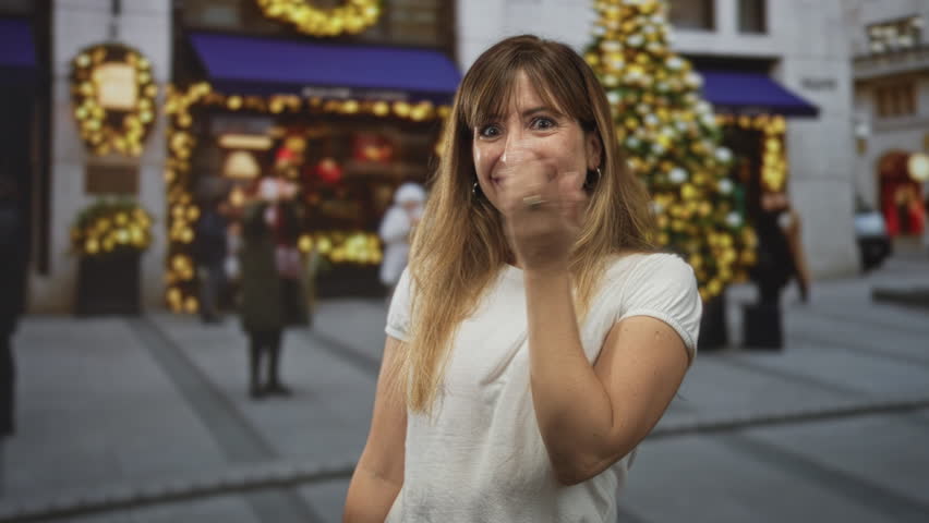 Woman points finger to camera on city street beside decorated storefront and large christmas tree; holiday joy.