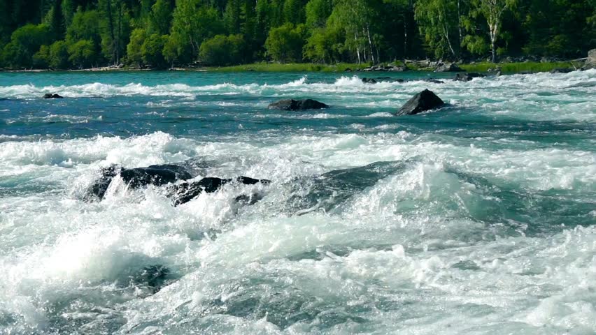 A powerful river with turquoise water flows rapidly over rocks, creating white water rapids. A lush green forest lines the shore in the background.