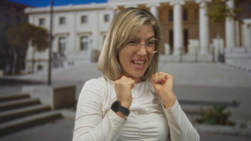 Young blonde woman raises arms with clenched fists in front of classical building facade wearing round glasses; joy triumph.