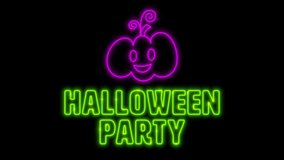 Neon Halloween Party Text and Pumpkin Flickering Light illustration Animation in 4 Color Variations on Black Background - 4K Horizontal Video Seamless 2 seconds Loop  - Powered by Shutterstock - Get 15% off with code: PIKWIZARD15