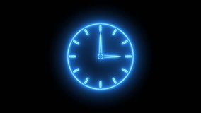 glowing neon light blue color clock icon animation  watch dial circle timer timekeeper analog clock 24 hour day fast speed wall clock sign symbol on black background	 - Powered by Shutterstock - Get 15% off with code: PIKWIZARD15