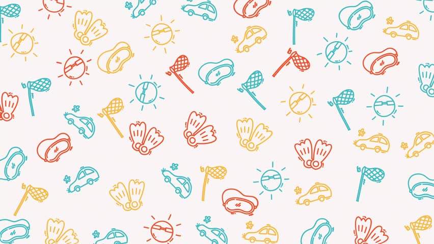 Doodle summer vacation items for creative projects, travel illustrations, vacation scribble animation, summer-themed content, children's activities, and educational materials.