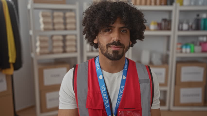 Man smiling in a charity building wearing a red volunteer vest and lanyard beside stacked donation boxes; compassion community service.