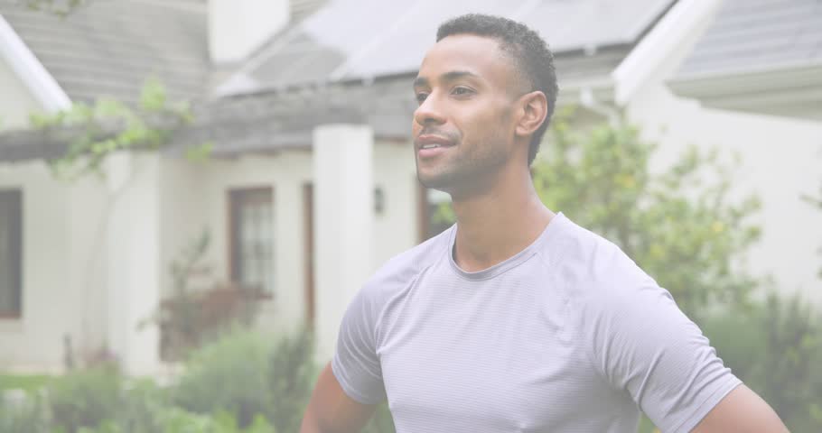 Man standing yard of house with solar panels, smiling and causing equations layering in education. Outdoor, residential, solar energy, mathematics, science, digital, technology