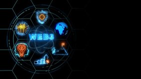 An animated Web3 icon connected to a futuristic website development graphic ,cube glow with and holographic futuristic technology matrix global security with digital spot light and stretch background. - Powered by Shutterstock - Get 15% off with code: PIKWIZARD15