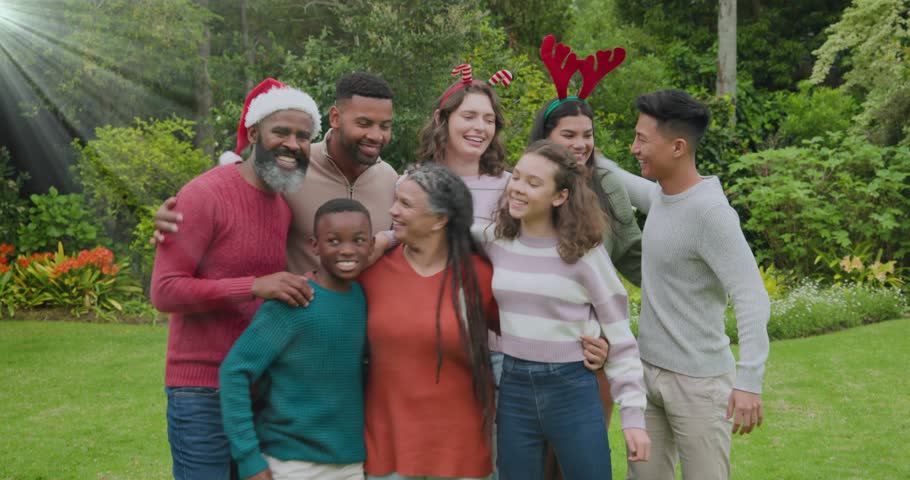 Family posing while portrait starting and animated icons morphing showing holiday marketing. Festive, multigenerational, outdoor, cheerful, technology, celebration, community