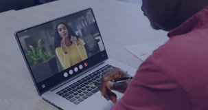 Man opening call on laptop as woman speaks sparking animated metrics measuring marketing engagement. Remote communication, digital teamwork, virtual collaboration, professional setting - Powered by Shutterstock - Get 15% off with code: PIKWIZARD15