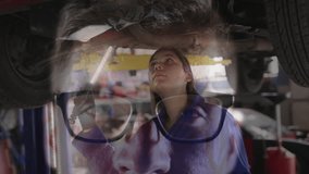 Auto mechanic inspecting lifted car shifting light and overlaying terminal text for diagnostics. Technician, automotive, digital, manufacturing, industry, maintenance, futuristic - Powered by Shutterstock - Get 15% off with code: PIKWIZARD15