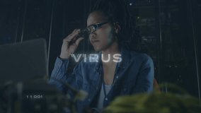 Female security analyst refocusing laptop in server room, with HUD showing flashing VIRUS warning. Technology, cybersecurity, data protection, digital interface, professional, industrial, monitoring - Powered by Shutterstock - Get 15% off with code: PIKWIZARD15