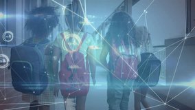 School girls walking in corridor and noticing data overlay before reaching door to enter classroom. Mentorship, collaboration, youthful, education, digital, innovation, teamwork - Powered by Shutterstock - Get 15% off with code: PIKWIZARD15