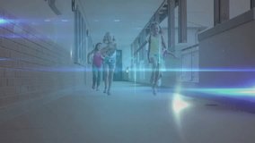 Four schoolgirls running down corridor activating network overlay glowing nodes for education tech. Children, friendship, digital, connectivity, learning, innovation, vibrant - Powered by Shutterstock - Get 15% off with code: PIKWIZARD15
