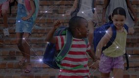 School children emerging steps descending amid network overlay boy leading girl overtaking smiling. Youth, friendship, teamwork, education, urban, technology, connection - Powered by Shutterstock - Get 15% off with code: PIKWIZARD15