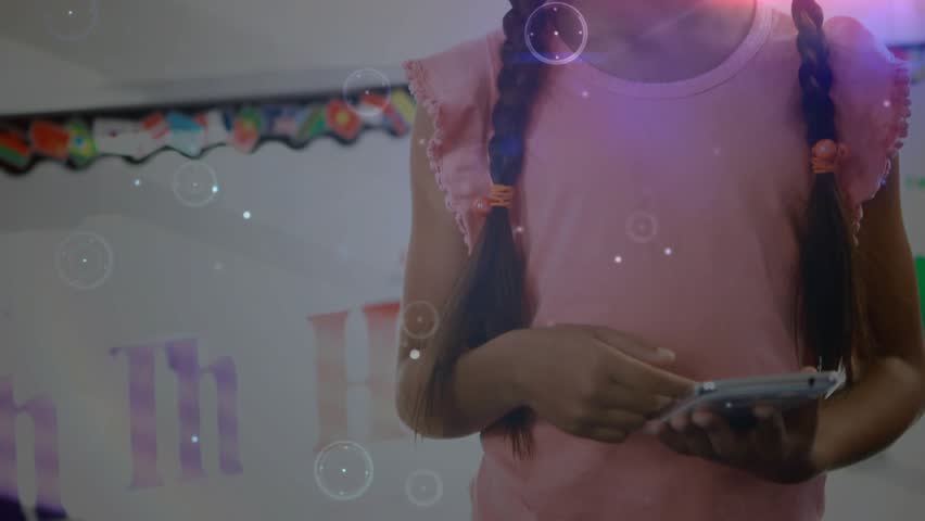 Student tapping tablet by whiteboard, spawning animated network graphics illustrating data concept. Educational, technology, interactive, futuristic, learning, smart, classroom - Powered by Shutterstock - Get 15% off with code: PIKWIZARD15