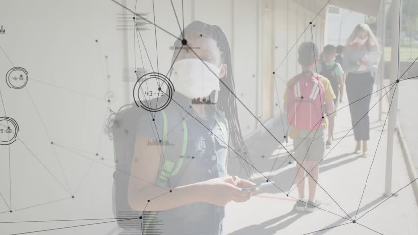 Students scanning phones at sensor for health check with data overlays and teacher nodding onward. Technology, education, digital, innovation, outdoor, collaboration, interface - Powered by Shutterstock - Get 15% off with code: PIKWIZARD15