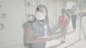 Students scanning phones at sensor for health check with data overlays and teacher nodding onward. Technology, education, digital, innovation, outdoor, collaboration, interface - Powered by Shutterstock - Get 15% off with code: PIKWIZARD15