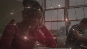 Female student writing notes activating node overlay for education as sunlight rising framing gaze. Learning, innovation, digital, academic, mentorship, collaboration, inspiration - Powered by Shutterstock - Get 15% off with code: PIKWIZARD15