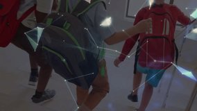 three boys with backpacks walking toward door sparking nodes converging into rotating tech globe. Educational, collaboration, innovation, connectivity, futuristic, youthful, exploration - Powered by Shutterstock - Get 15% off with code: PIKWIZARD15