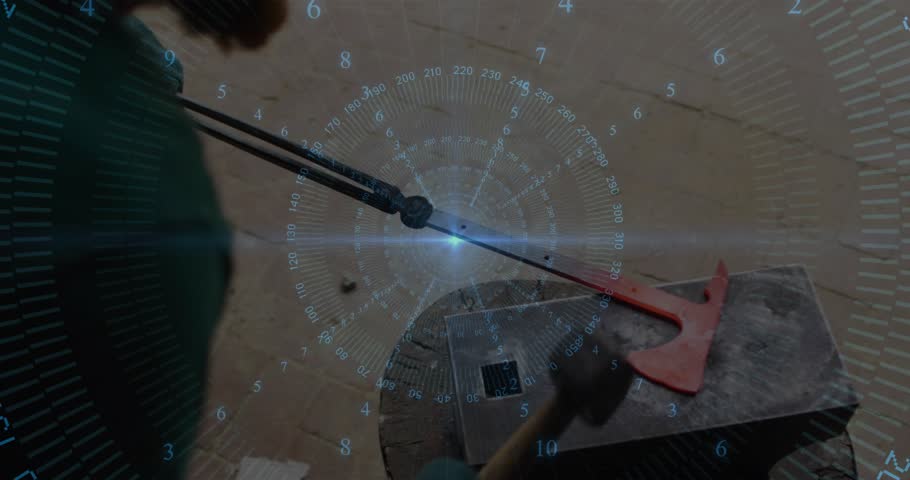 Blacksmith gripping glowing rod with tongs then hammering hook on anvil with animated heat lines. Metalwork, craftsmanship, industrial, artisan, workshop, forging, handcraft